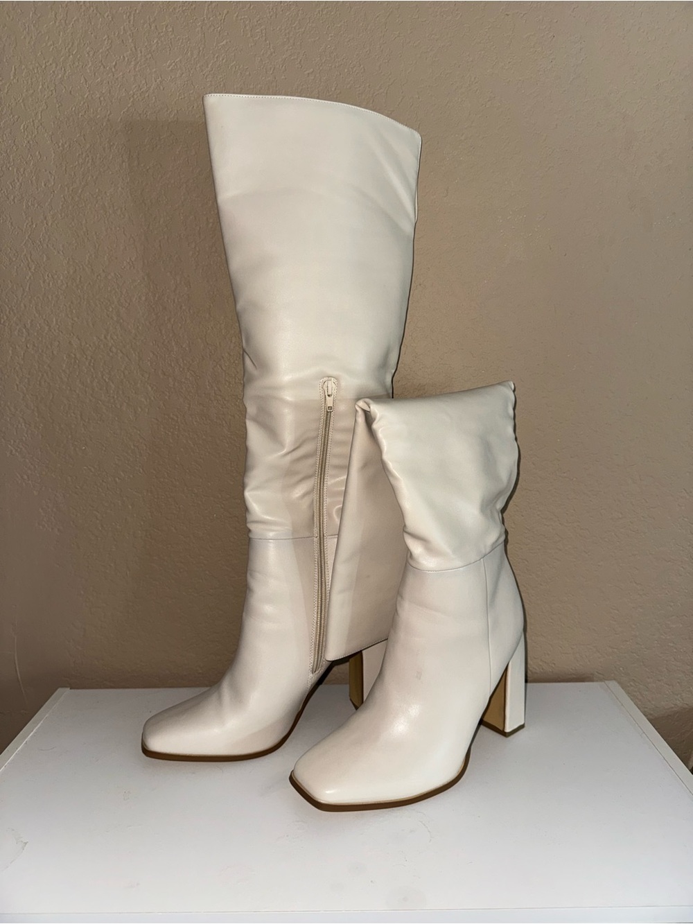 Monrow Cream Tall Block Heel Knee Boots